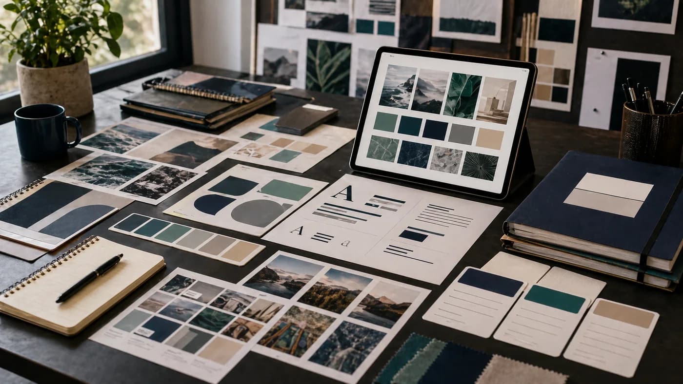 Brand kit table with mood boards, palette tiles, image directions, and prompt cards.