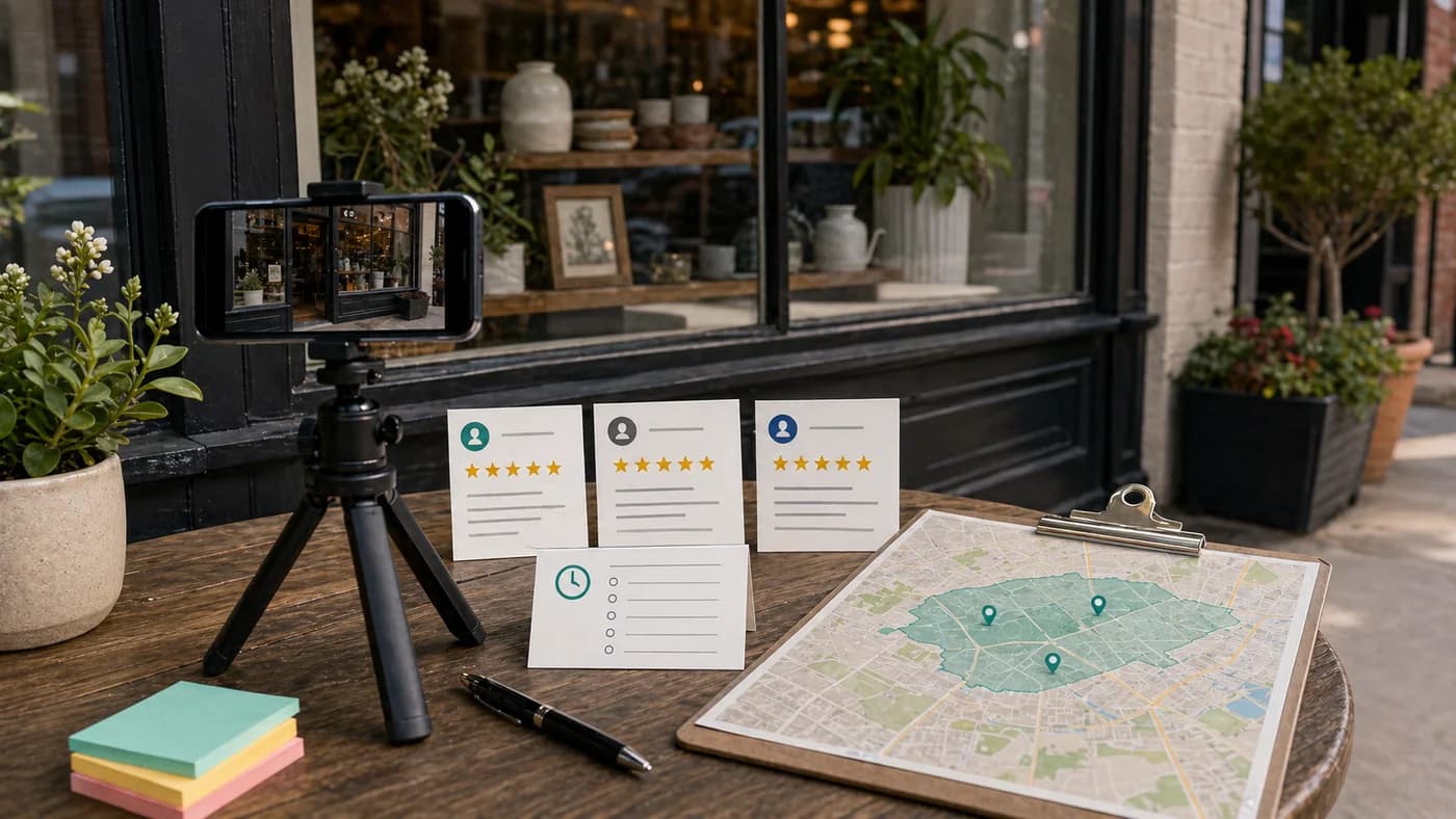 Storefront profile review setup with camera, checklist cards, map notes, and local business photos.