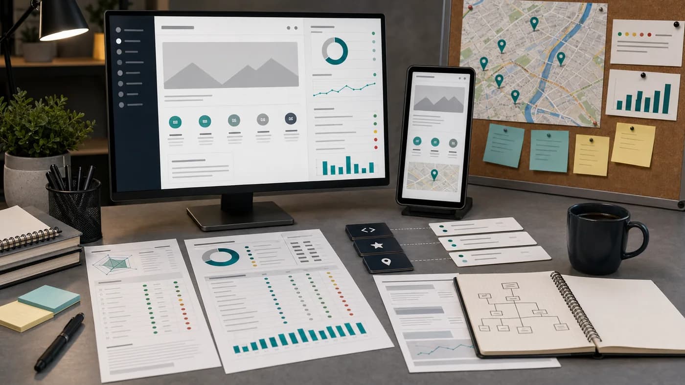 Local SEO audit desk with map pins, search dashboard, worksheet pages, and service-area notes.