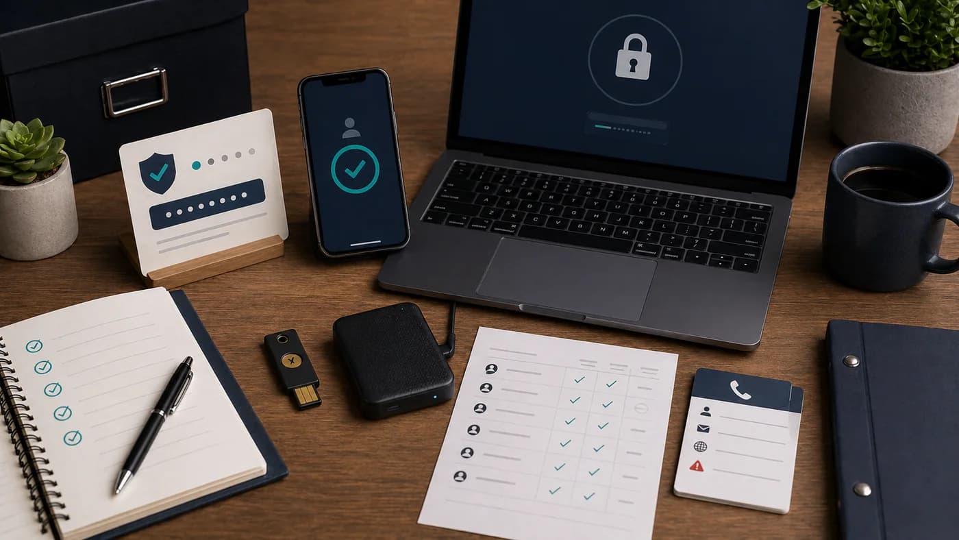 Small business security checklist with laptop lock screen, account controls, keys, and review notes.